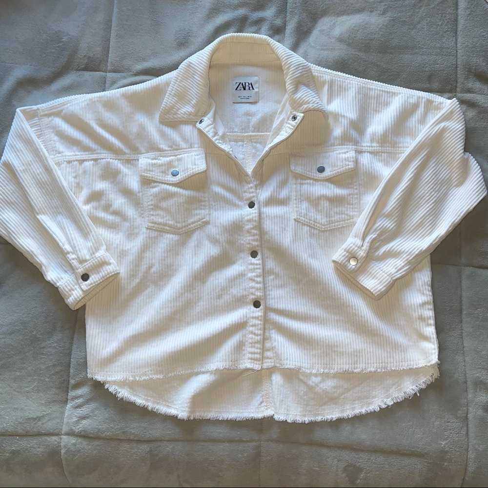 ZARA Corduroy Overshirt White/Cream Frayed Bottom